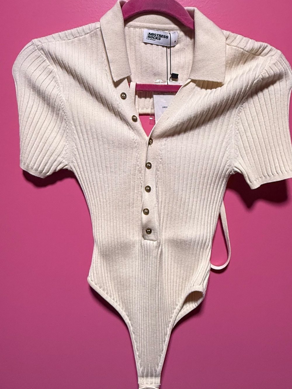 Mistress Rocks Cream Ribbed Polo button front Bodysuit - Picture 3 of 8